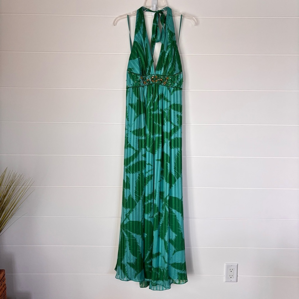 BCBGMaxAzria Silk Green and Blue Tropical Halter Dress Gown Size 8